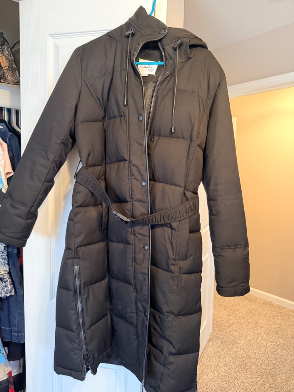 Sam Edelman Black Long Hooded Puffer Coat with Belt